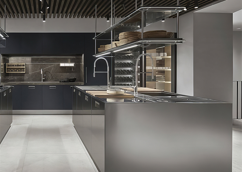 stainless steel kitchen with smart storage cabinets and drawers