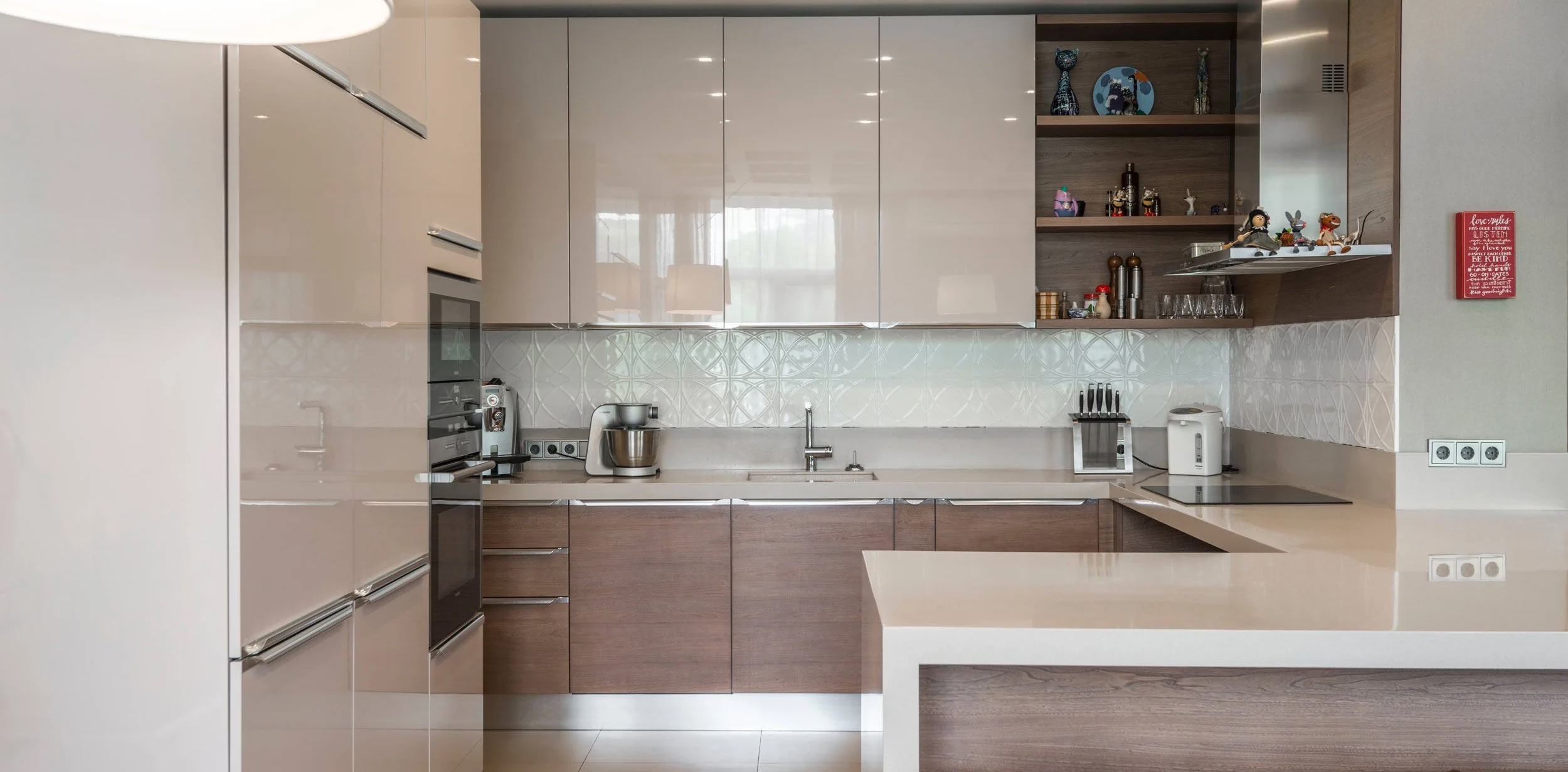 G shaped kitchen layout with extended counter and maximum storage