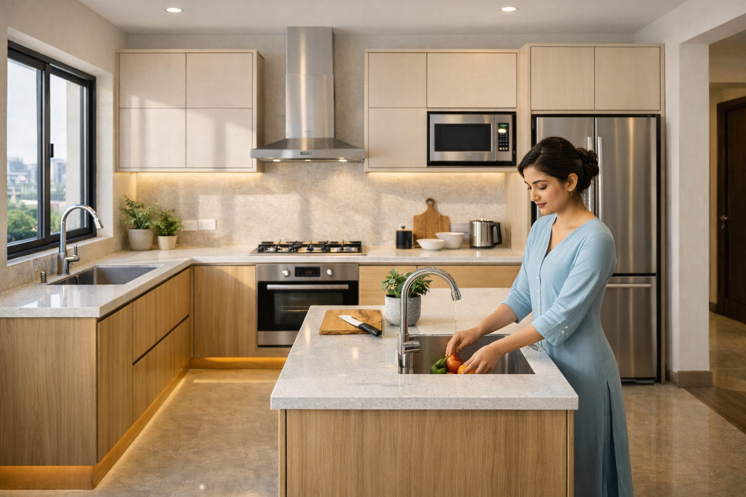 G shaped modular kitchen design with modern layout and extended counter