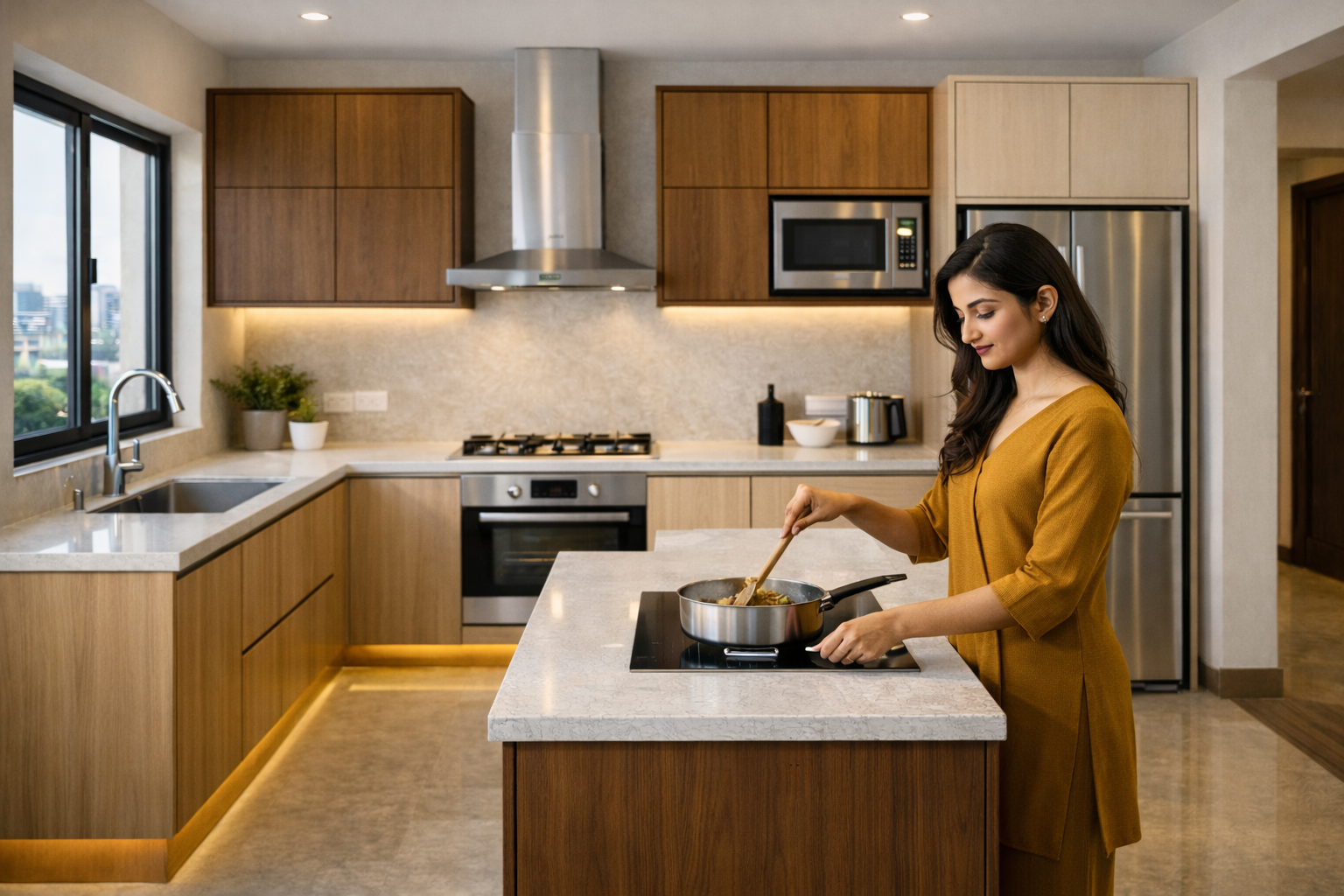 G shaped kitchen with multiple workspace areas and storage