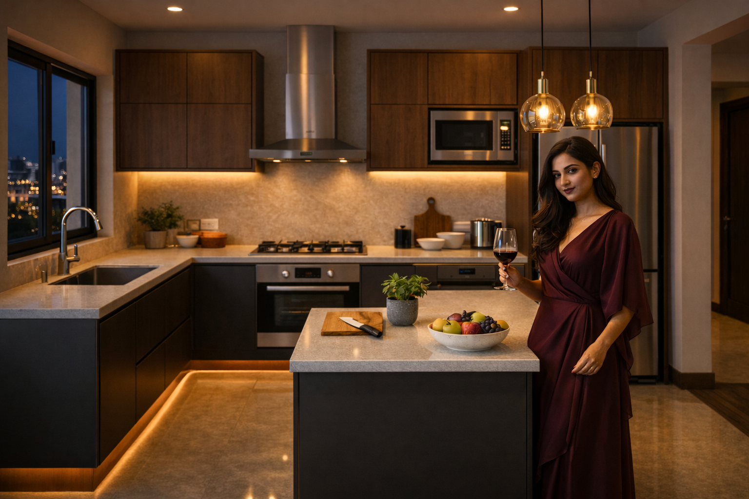 G shaped kitchen with maximum storage cabinets and drawers