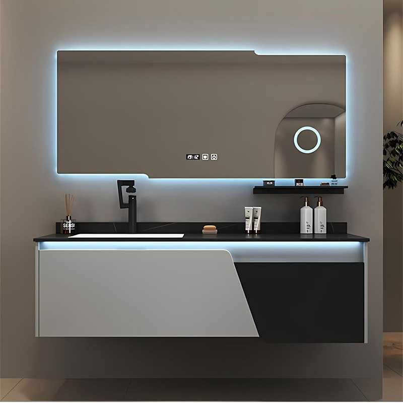 high gloss bathroom vanity with modern finish and storage