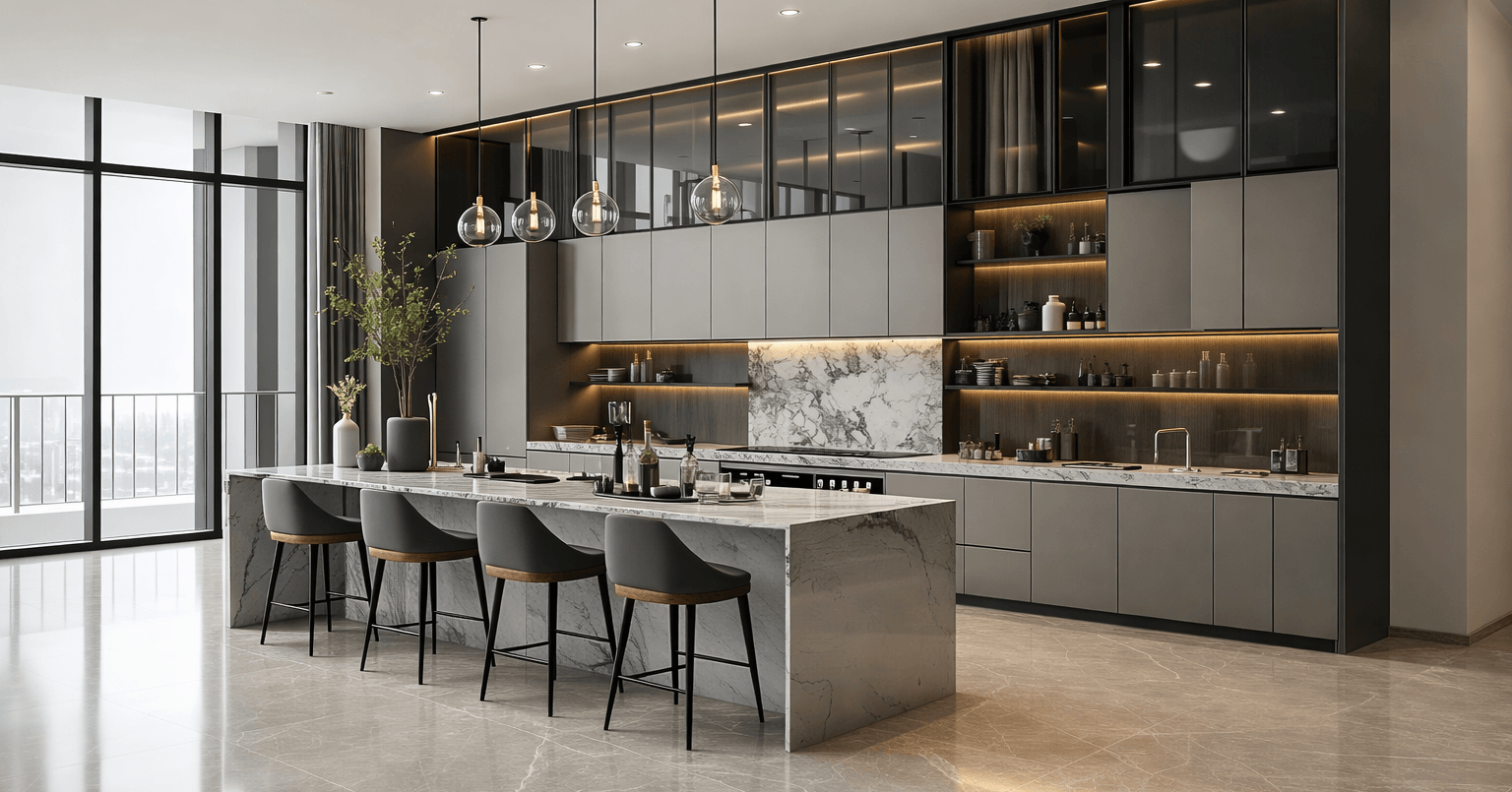 modern island modular kitchen design with central counter and open layout