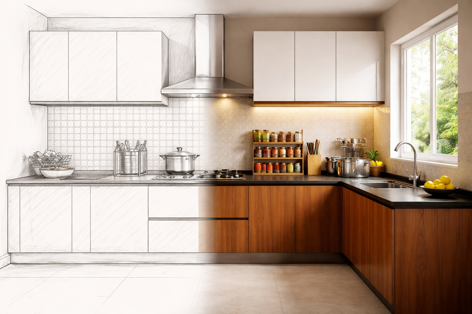 half sketch and half real modular kitchen design showing concept to final execution