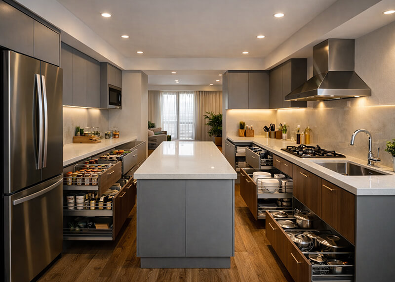 luxury island kitchen with premium finish and large space