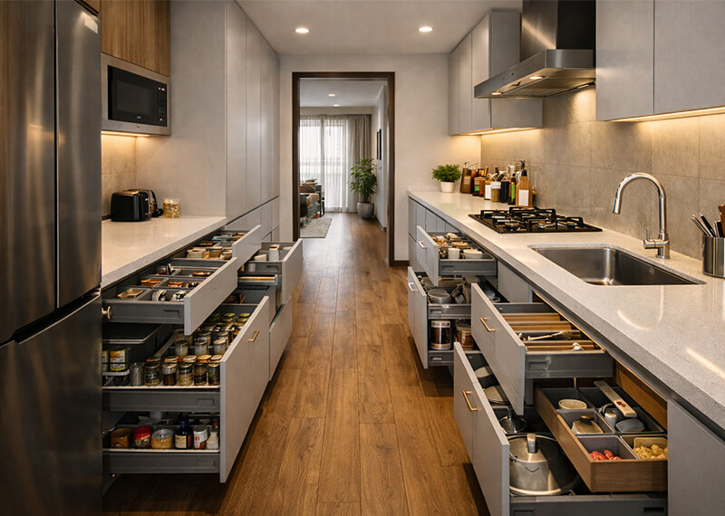 modern parallel kitchen with sleek cabinets and storage