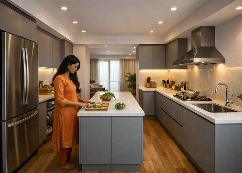 open concept island kitchen connecting dining and living space