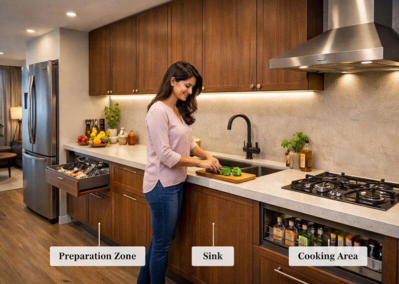 straight kitchen with smart storage cabinets and drawers