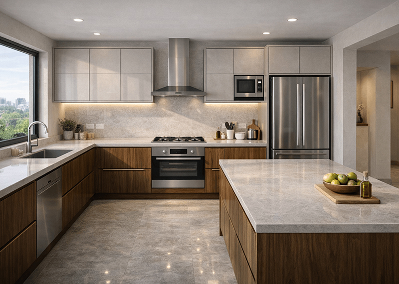 U shaped kitchen with maximum storage cabinets