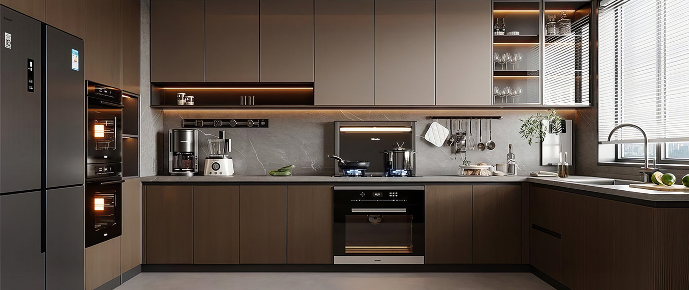 U shaped modular kitchen with three side workspace and smart storage