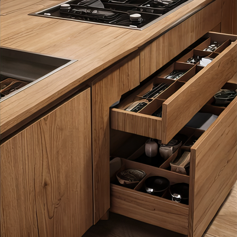 wooden modular kitchen with smart storage cabinets and drawers