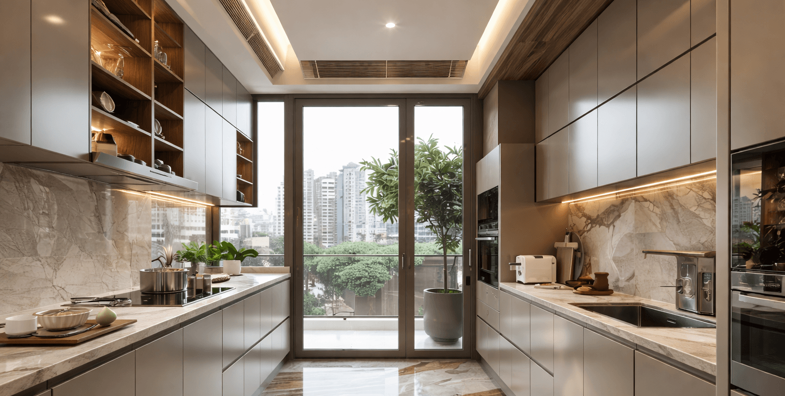 Parallel kitchen design with dual counter layout for modern Indian homes